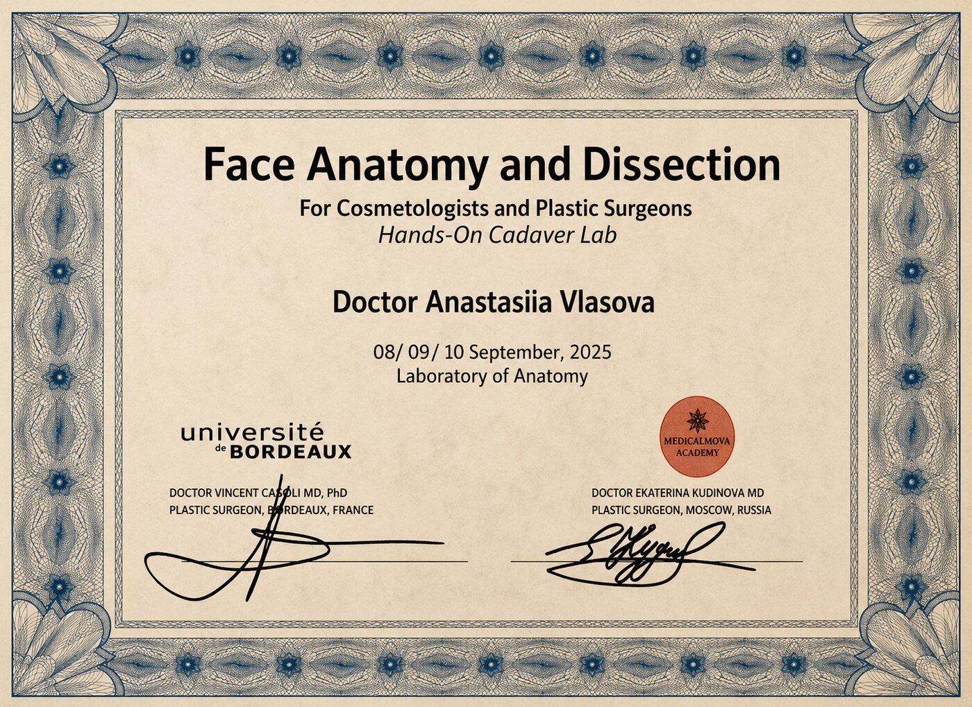Face Anatomy Dissection certificate