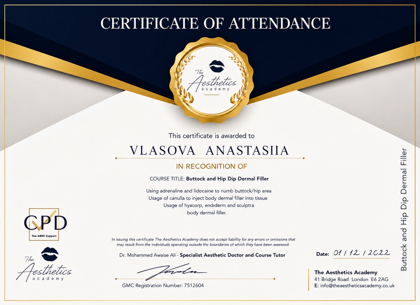 Buttock Hip Dip Dermal Filler certificate