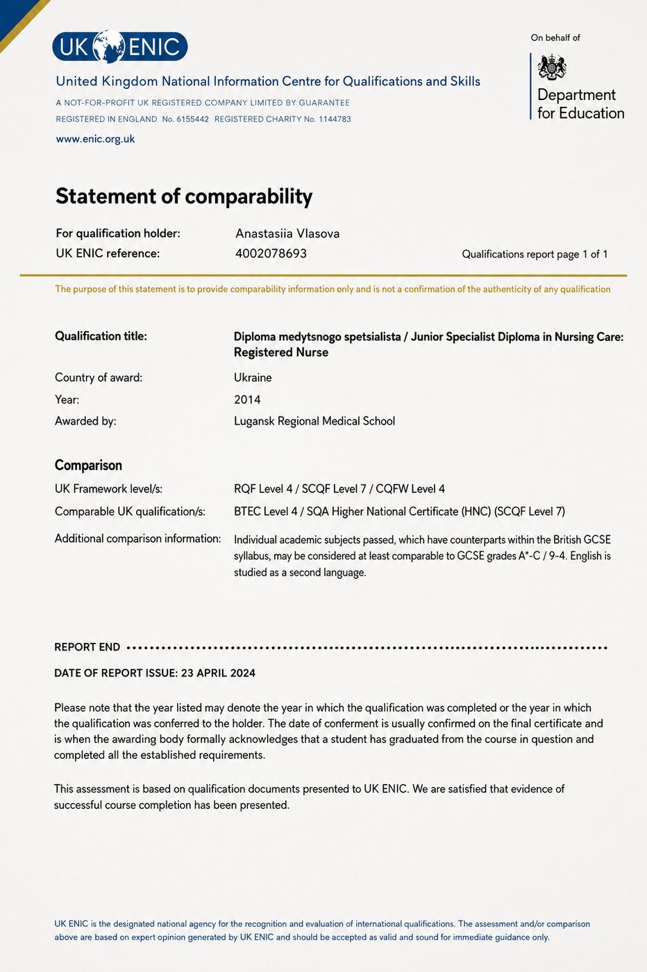 Registered Nurse Comparability certificate