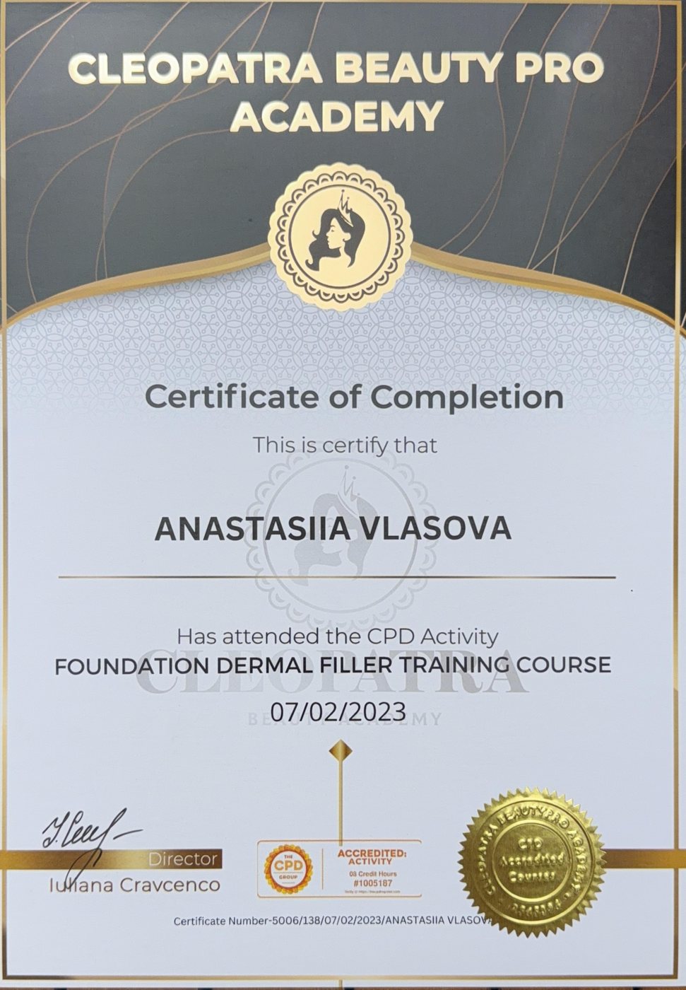 Foundation Dermal Filler certificate