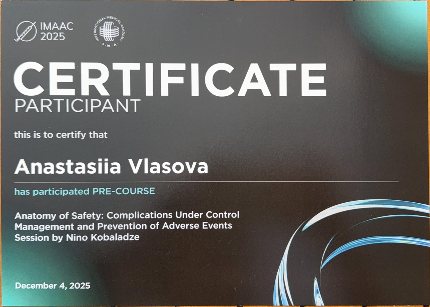 IMAAC 2025 Anatomy of Safety certificate