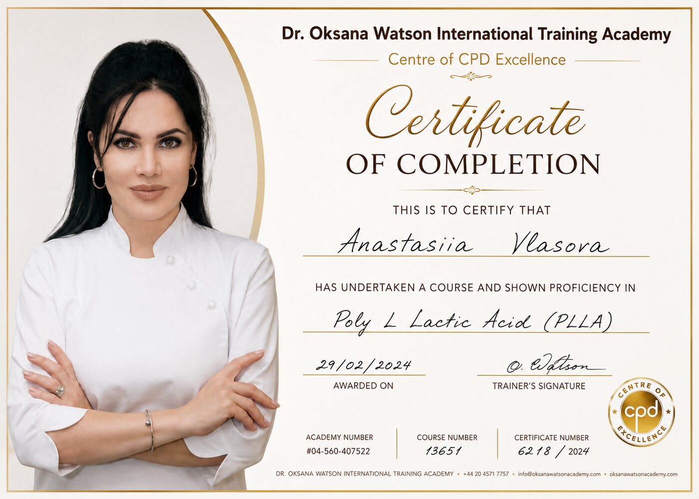 Poly-L-Lactic Acid (PLLA) certificate