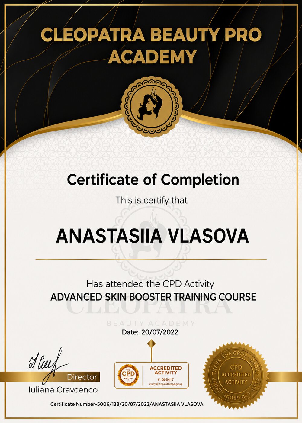 Advanced Skin Booster certificate